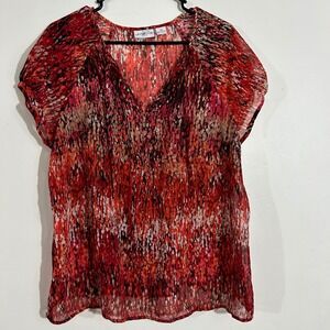 Liz Claiborne Petite Womens PXL Blouse Red Sheer Pleated V Neck Top